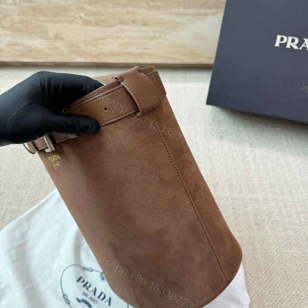 View 6 of Prada Suede Buckle Bucket Bag With Belt Brown 28Cm