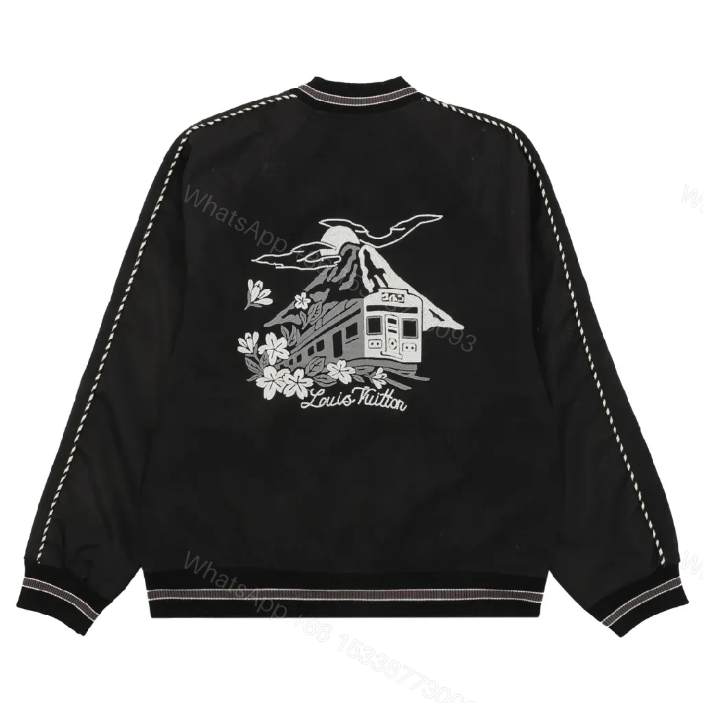View 2 of Black Velour Bomber – Bold Floral Applique with Signature Script