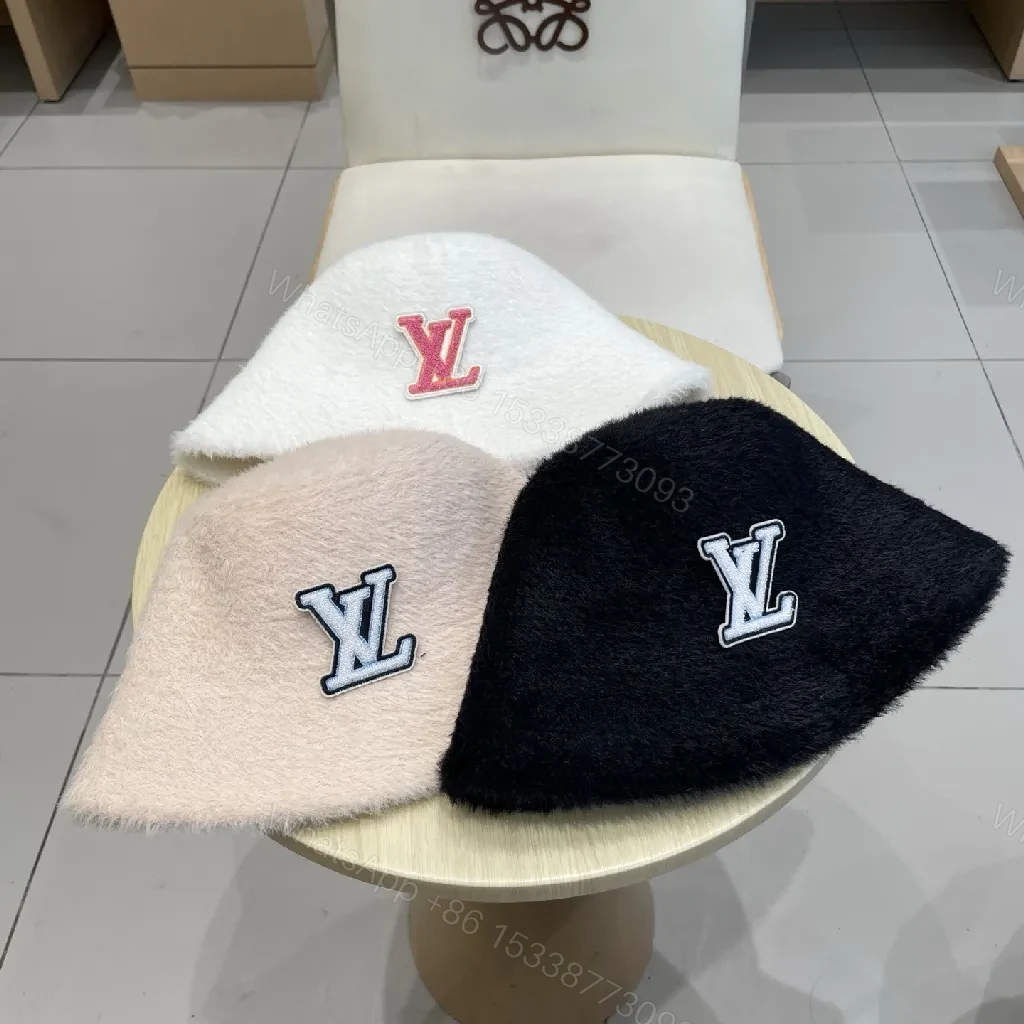 View 5 of White Fuzzy Bucket Hat - Pink Monogram Designer-Inspired Logo