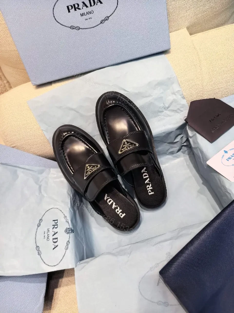 View 7 of Black Leather Prada Mules with Logo Detail Sliders, Women’s Fashion