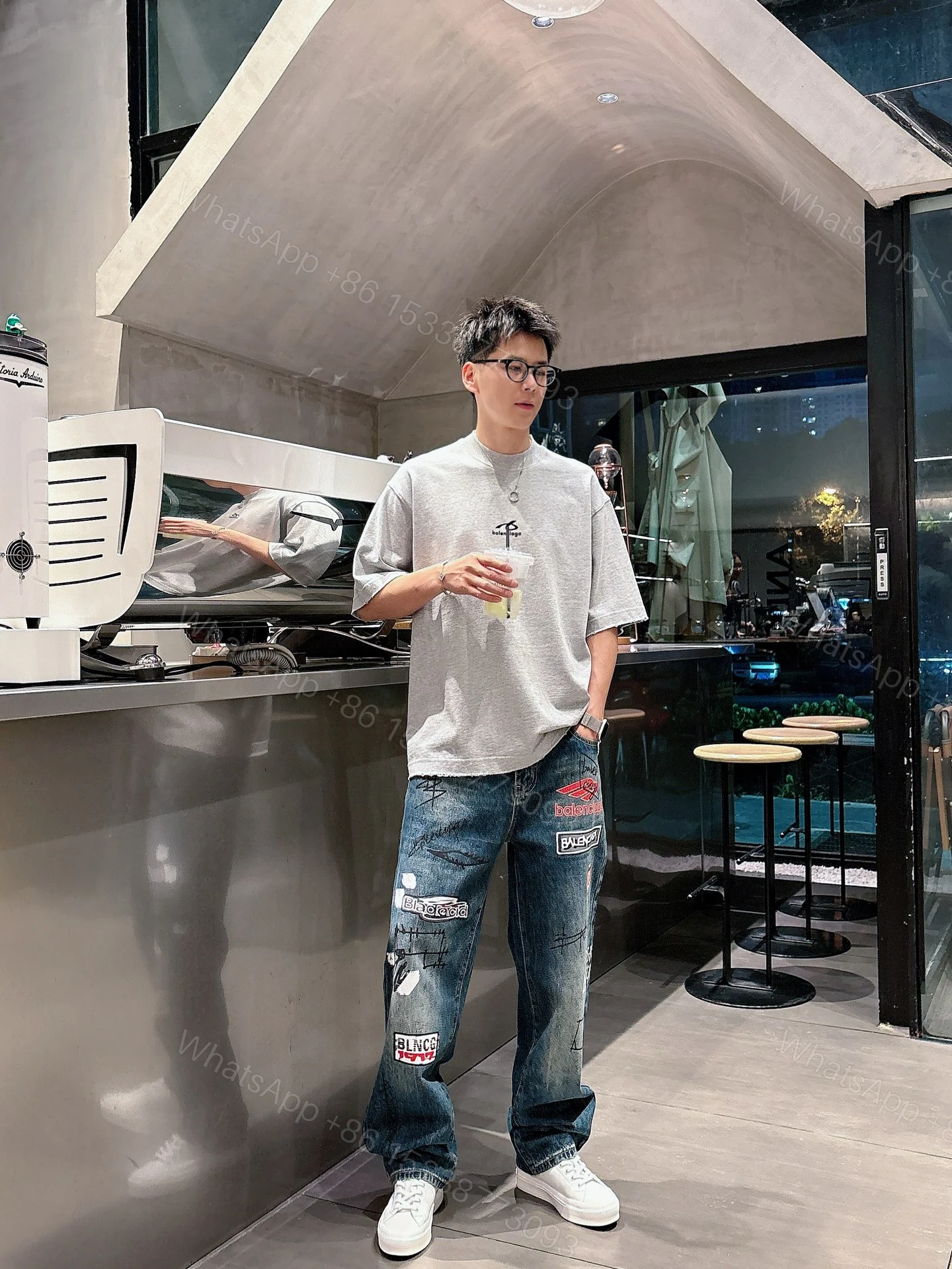 Balenciaga A貨男士牛仔長褲多元素塗鴉拼貼設計潮流百搭款 — view 1