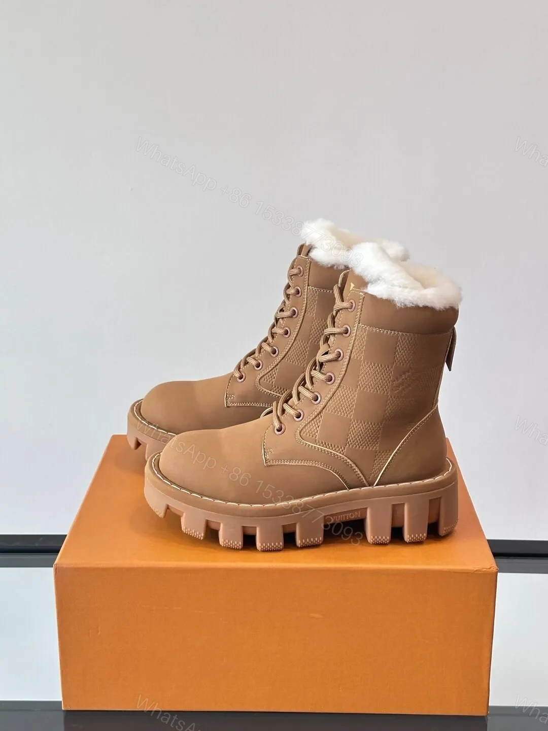 View 3 of LV Men Tan Leather Fur-Lined Boots