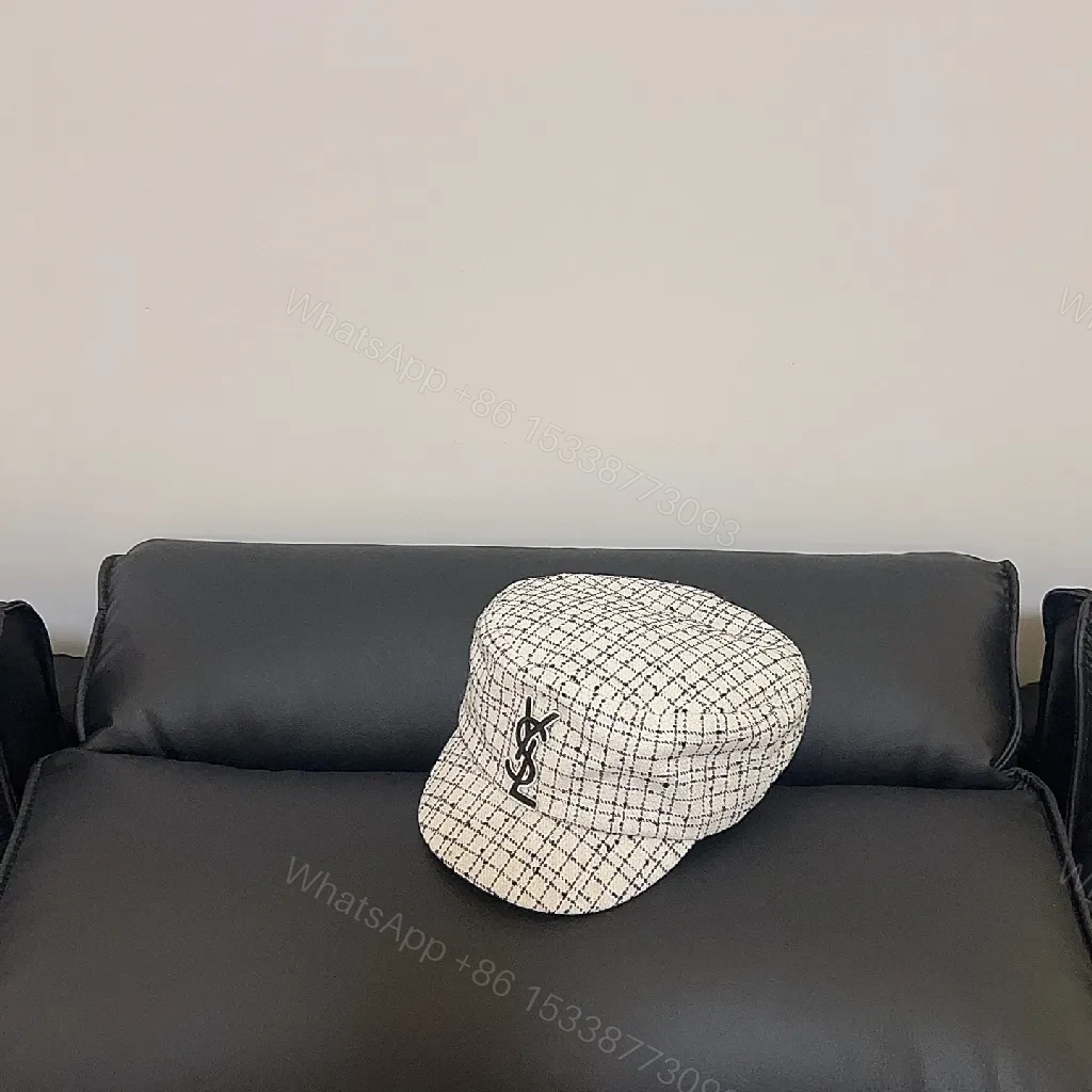 View 2 of Textured Bouclé Knit Cap with Signature Emblem, Modern Tweed Style