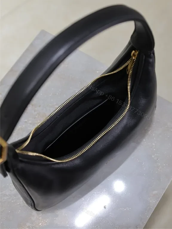 View 7 of Chic Black Leather Hobo with Gold YSL Emblem Bag