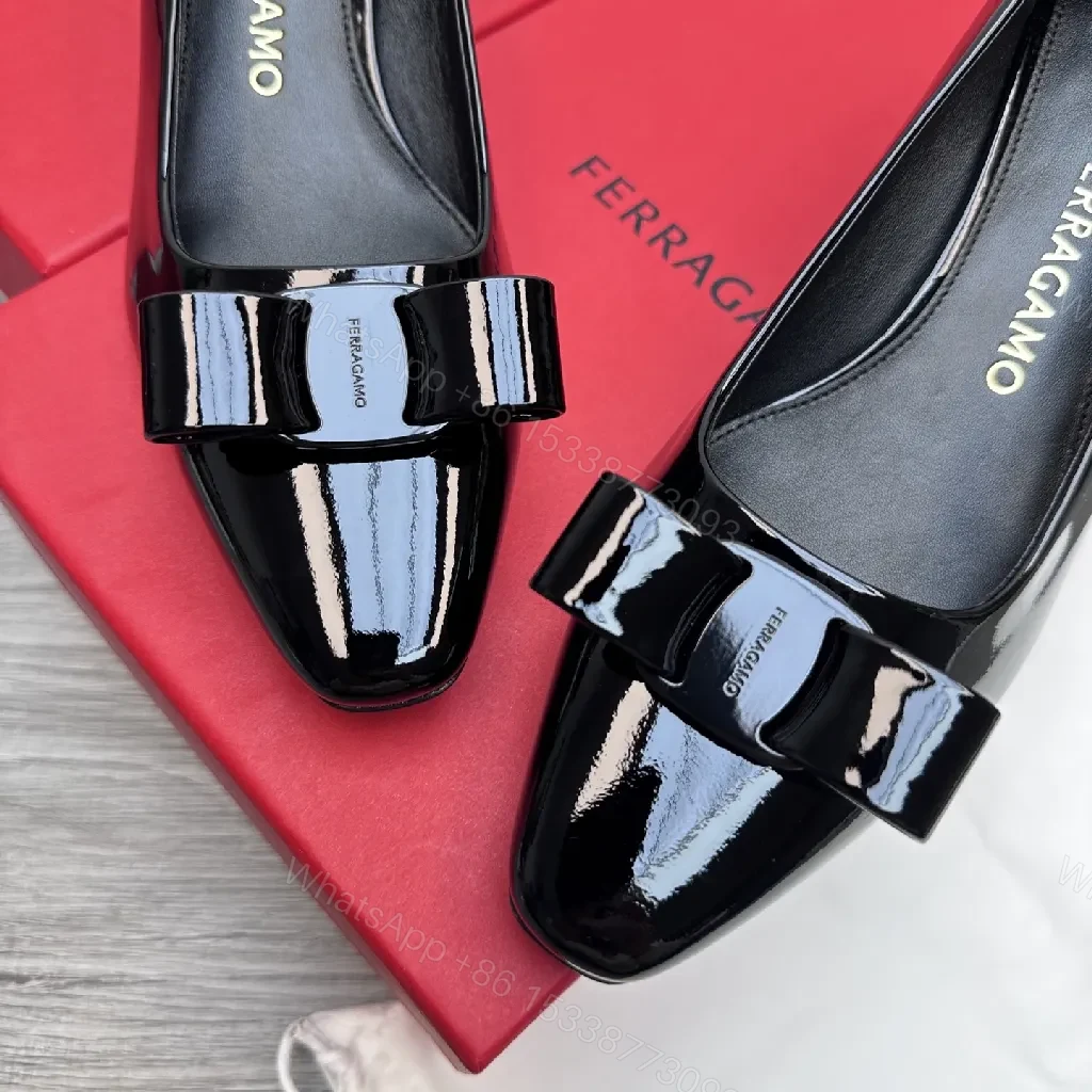View 5 of Glossy Patent Pumps with Bow Detail, Black, 2.5" Heel
