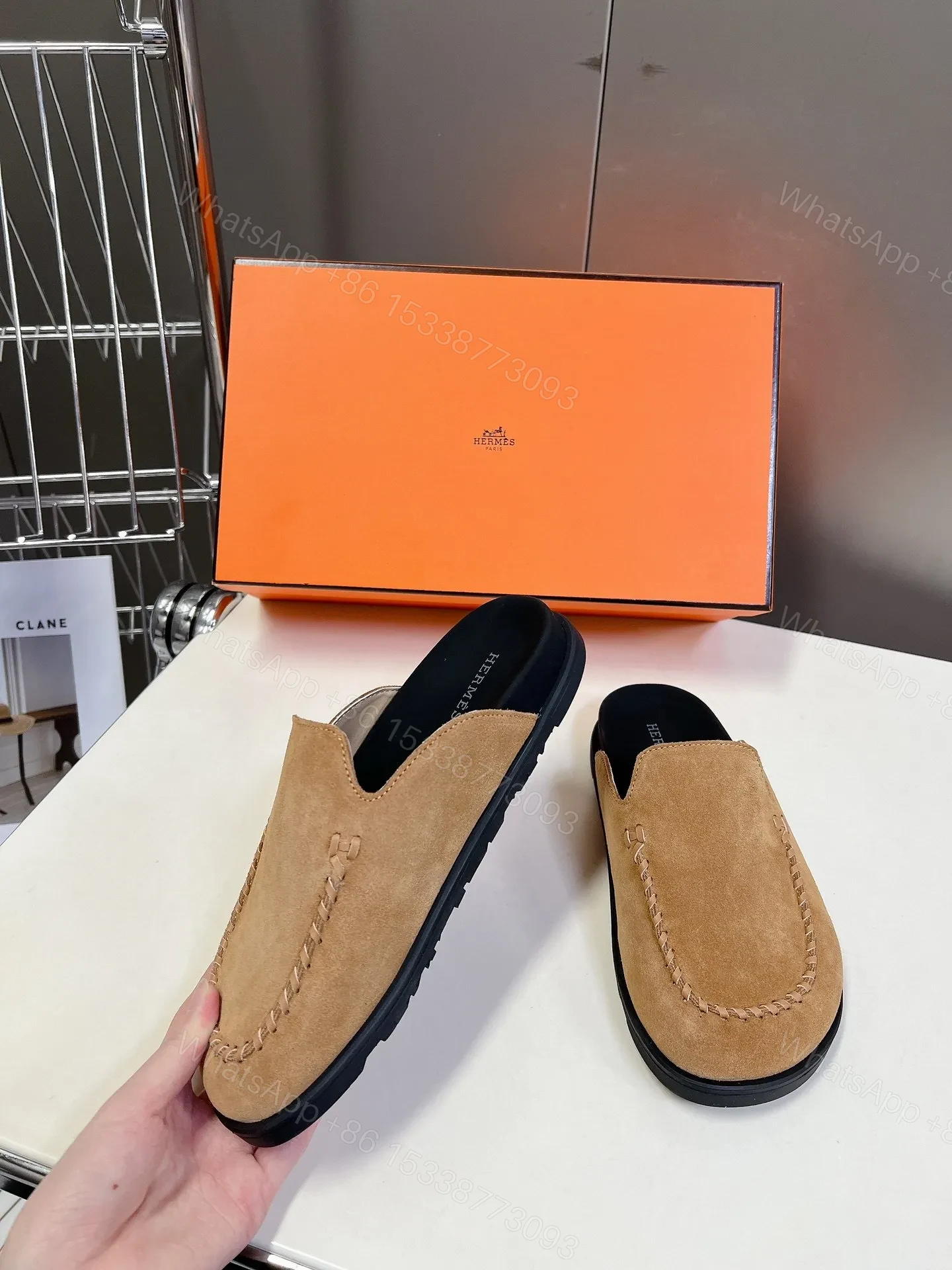View 3 of Hermes Women Tan Suede Slip On Mules