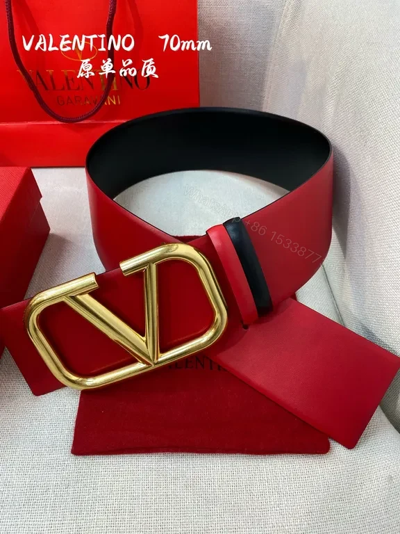 View 4 of Bold Red Belt with Gold V Buckle - Valentino Garavani 70mm Leather Belt