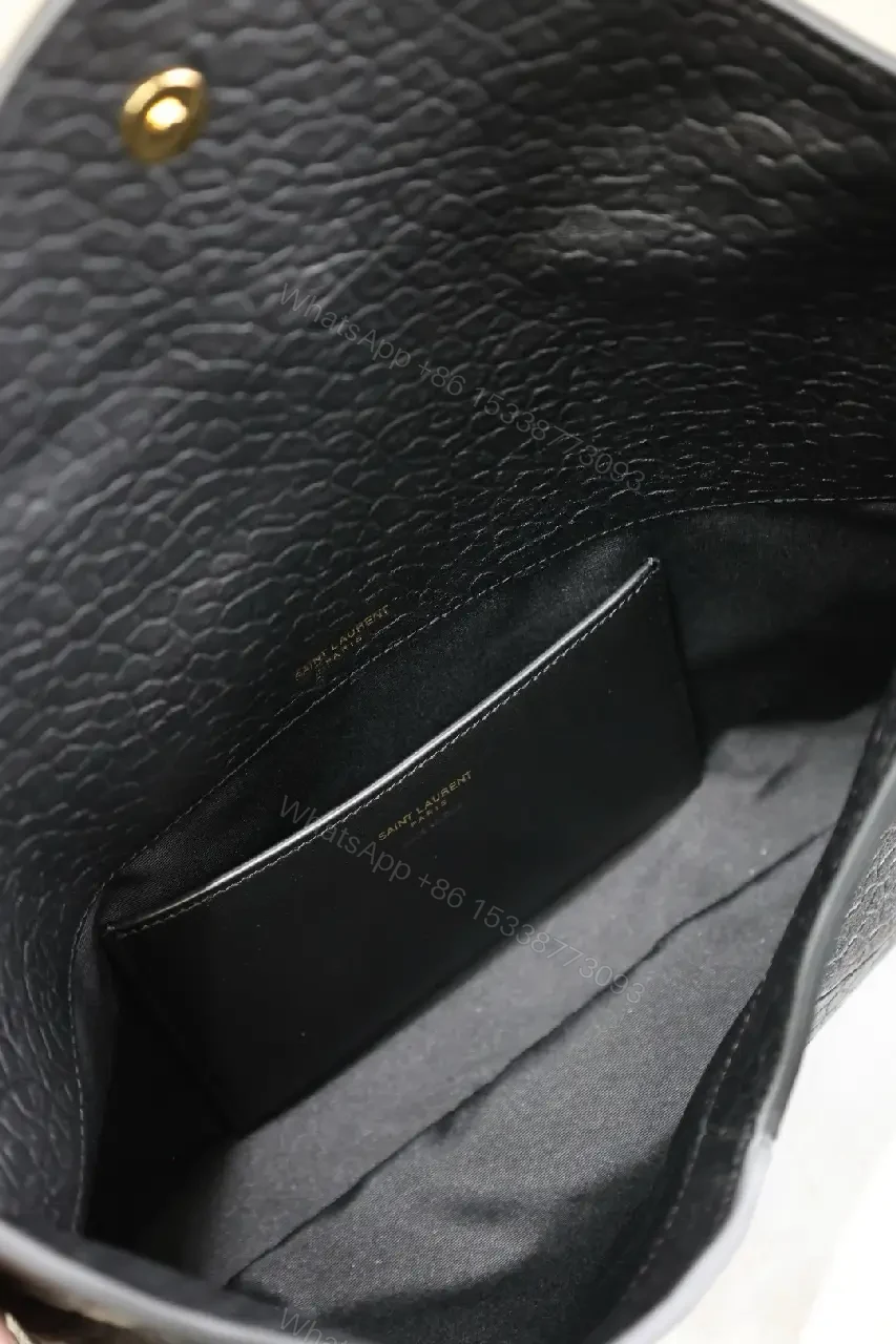 View 9 of Compact Black Leather Envelope Bag with Gold Logo