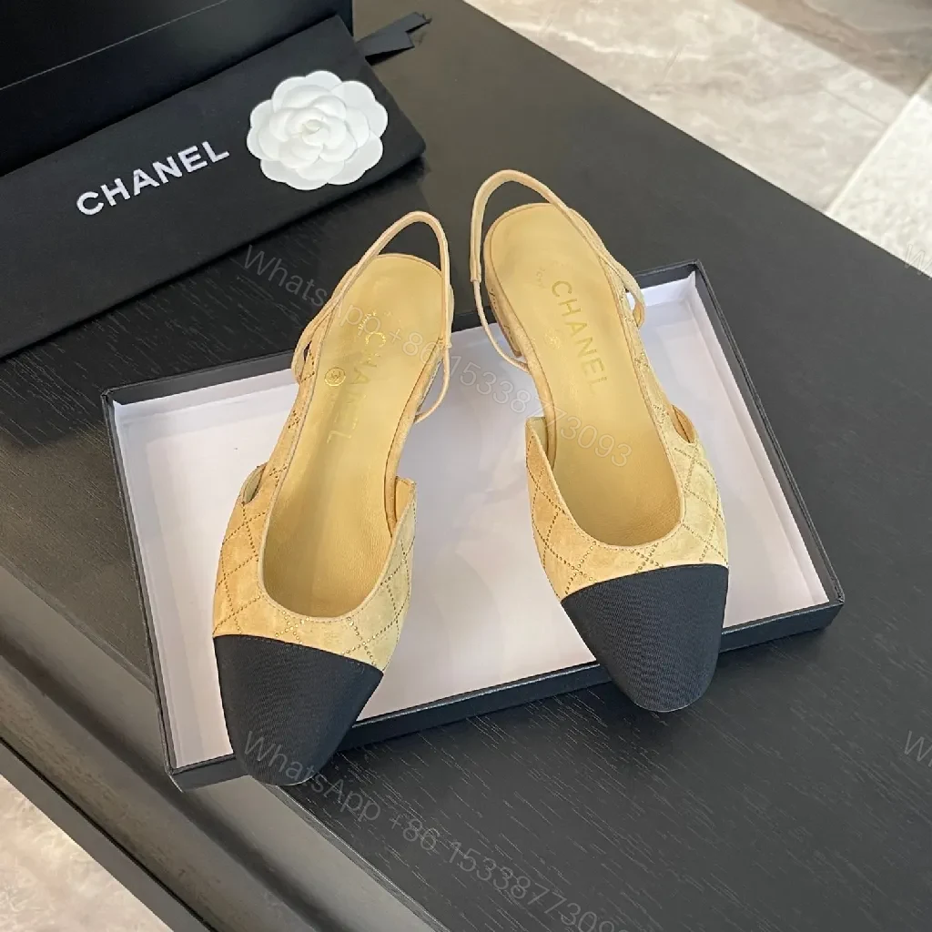 View 2 of Quilted Slingback Pumps: Tan & Navy Cap Toe, Heeled Comfort