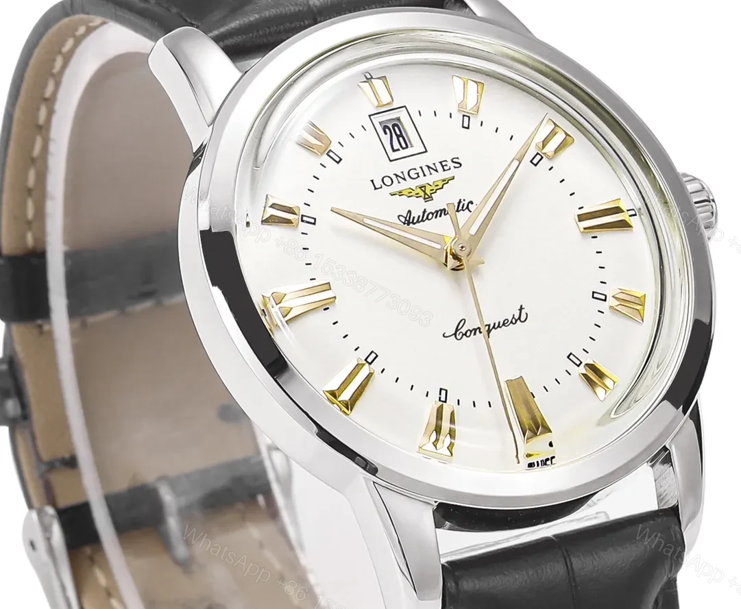 View 6 of Longines Conquest Classic Re Edition Cyclops Watch Silver Dial Black Leather Strap
