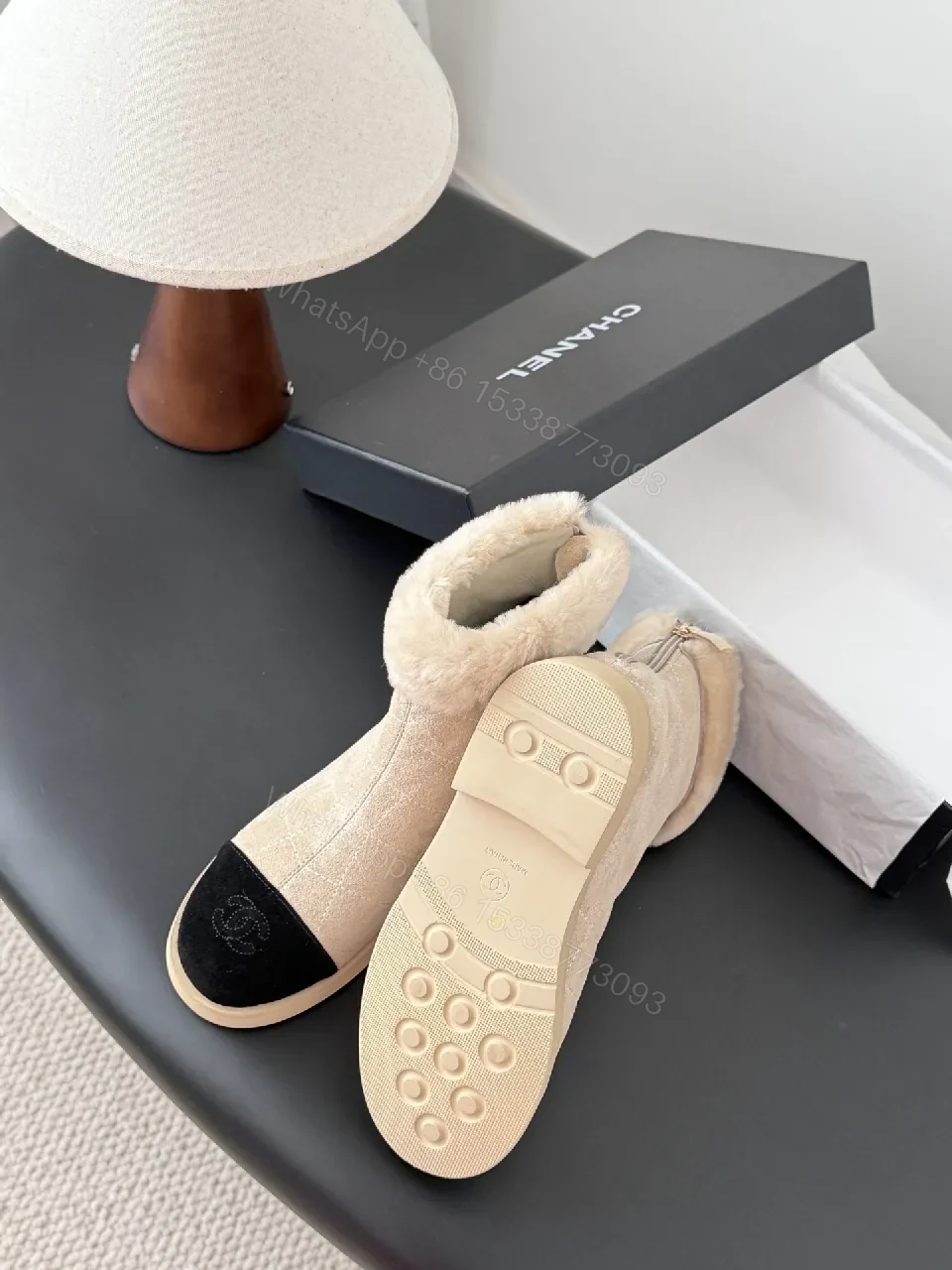 View 8 of Beige Quilted Booties with Black Suede Toe Cap Shine
