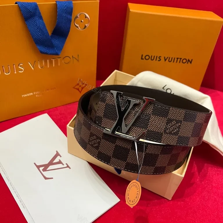 View 3 of Leather-Luxe LV Belt: Damier Pattern, Logo Buckle, All-Day Comfort