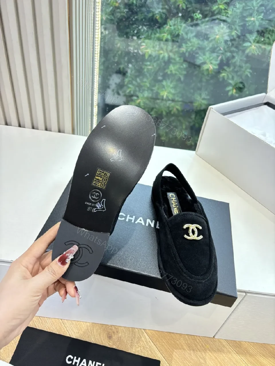 View 2 of Black Suede Loafers with Gold Logo Hardware