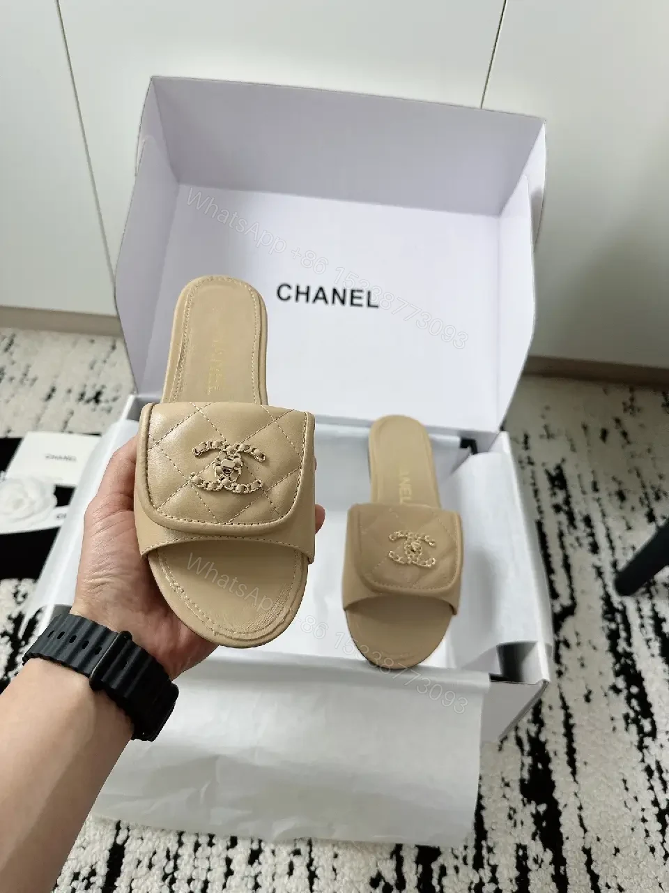 View 9 of Neutral Beige Leather Slides + Logo Accent, Modern Luxury Slide