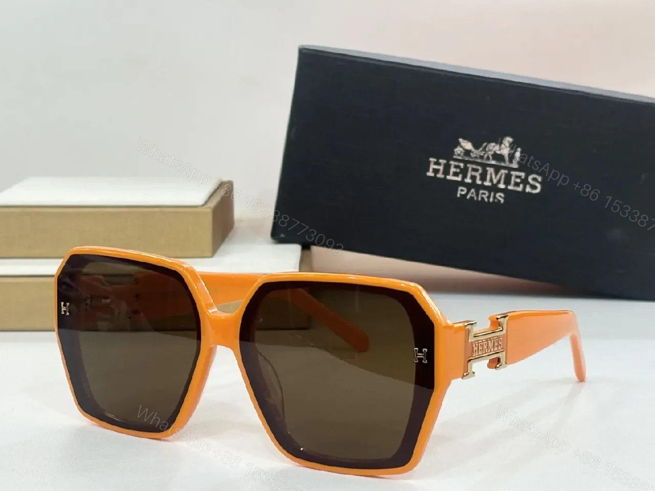 View 8 of Olive-Gold Geometric Sunglasses with Hermes-Inspired Hardware
