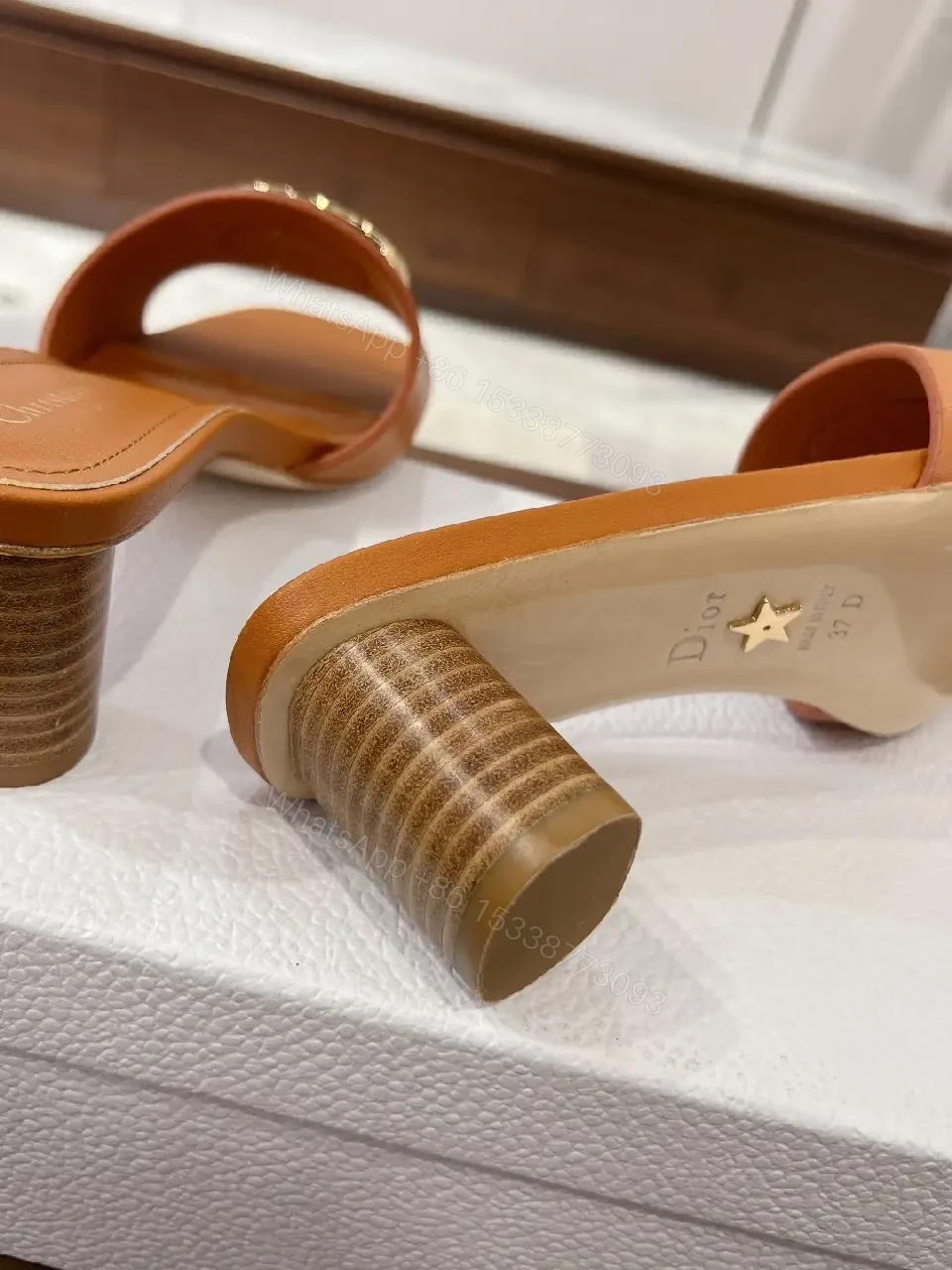 View 3 of Tan Leather Mule Gold Logo Buckle Dior Style Heel Slip-On Sandal