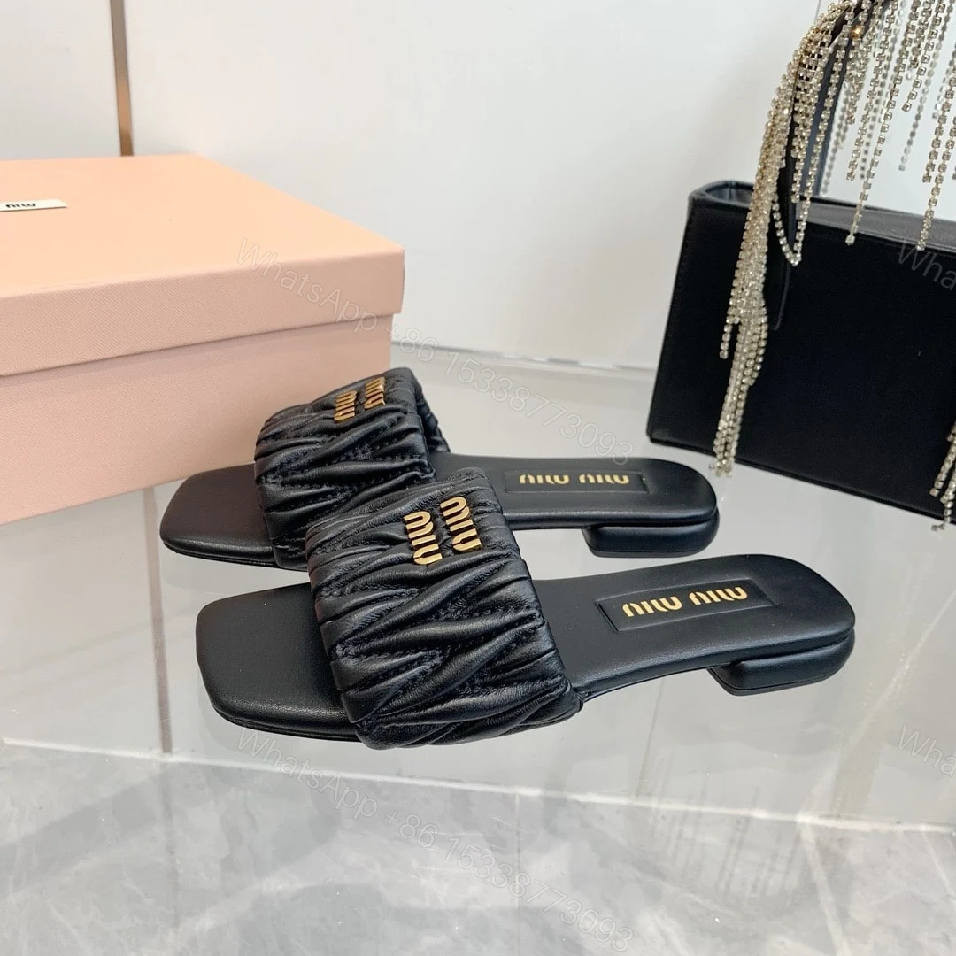 View 2 of MIUMIU MATELASSÉ NAPPA LEATHER SLIDES BLACK