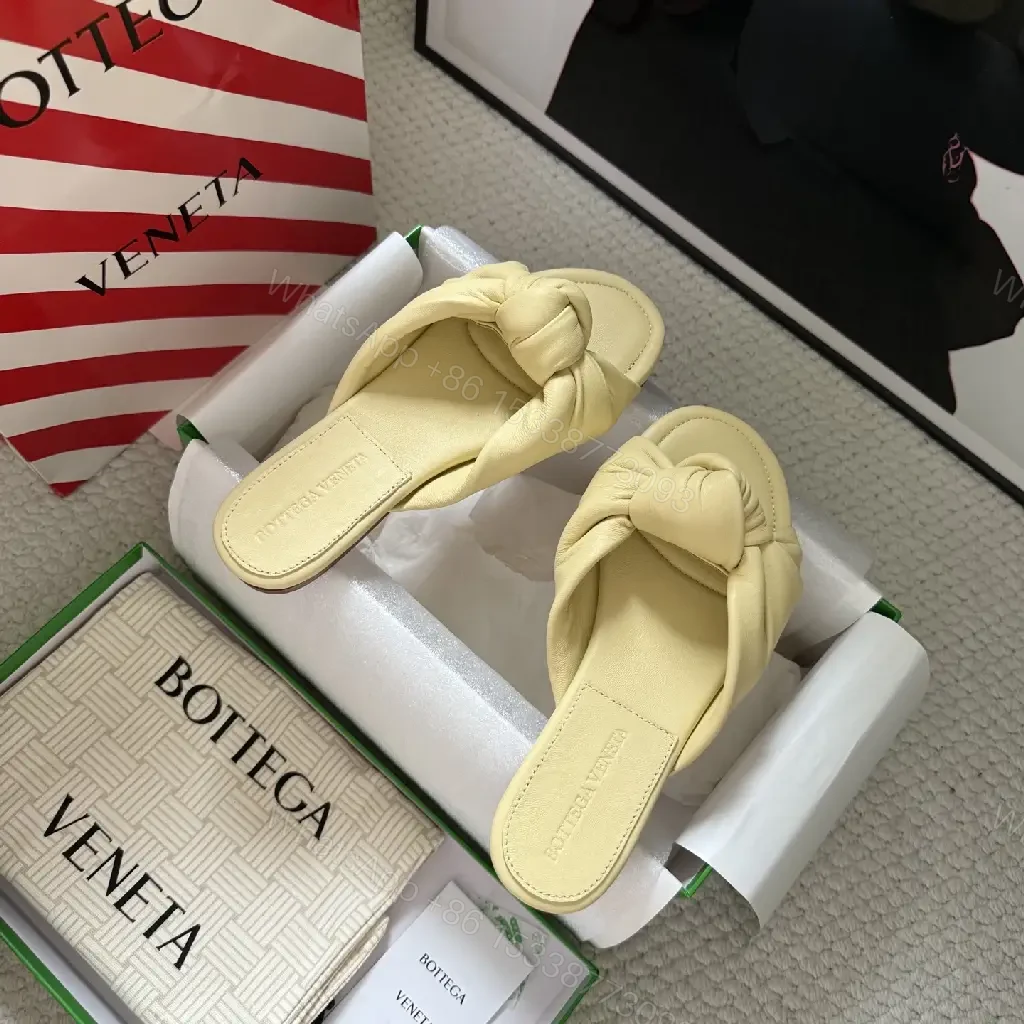 View 9 of Yellow Leather Knot Sandals Women's Sliders Bottega Veneta Style