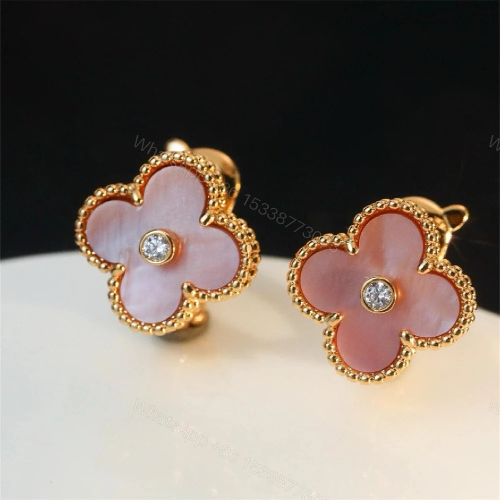 View 2 of Van Cleef & Arpels 18K Vintage Alhambra Earrings Pink Mother-Of-Pearl Diamond