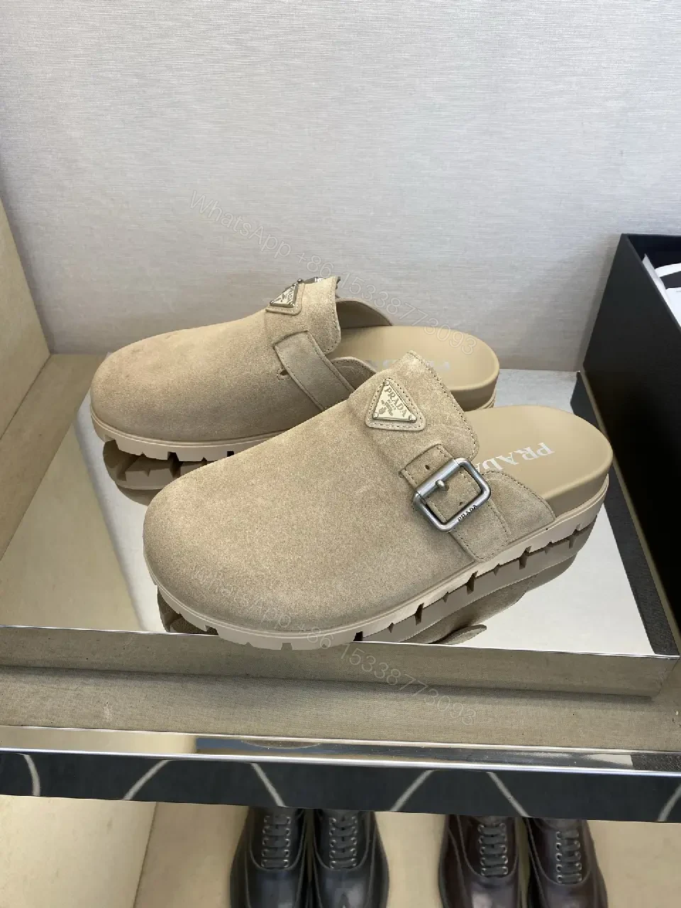 View 8 of Beige Suede Leather Prada Logo Mule Slippers