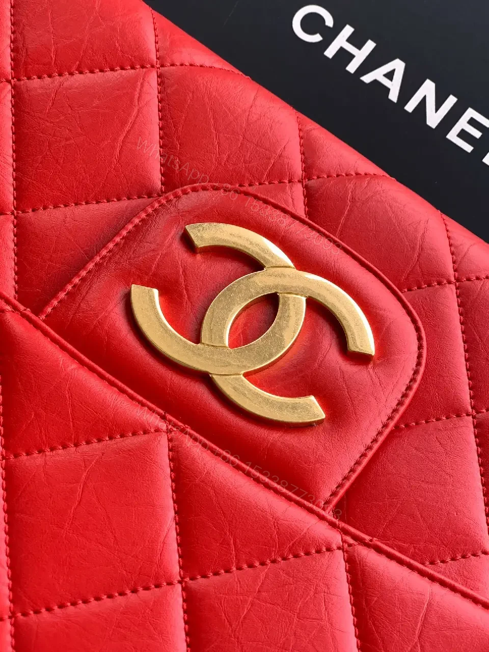 View 5 of Bold Red Quilted Leather Clutch, Gold Hardware, Envelope Style