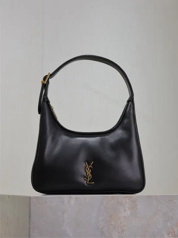 Chic Black Leather Hobo with Gold YSL Emblem Bag — view 1