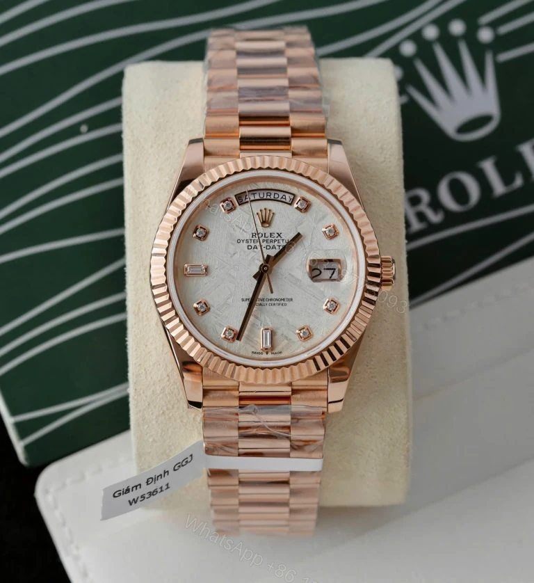 Rolex Day-Date 40mm Custom Super Clone Rose Gold Wrapped + Moissanite Diamonds Dial — view 1