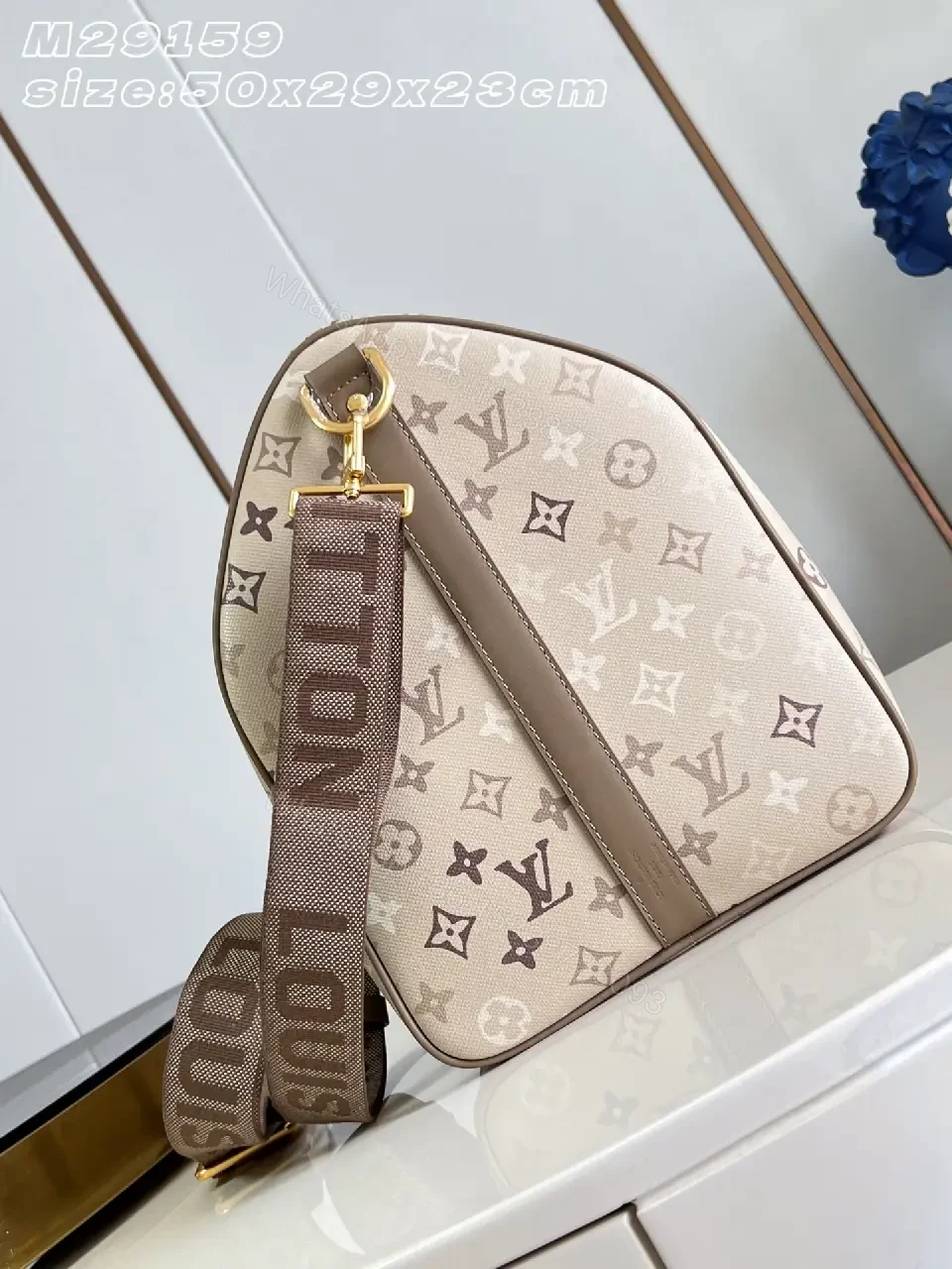 View 6 of Beige Taupe LV-Style Monogram Duffel Bag with Gold Hardware