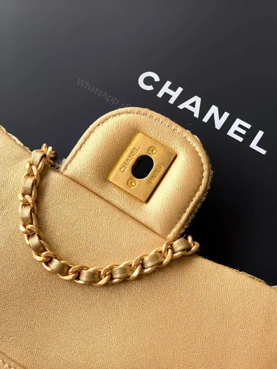 View 4 of Gold Glitter Clutch with Iconic Logo, Lux Evening Bag