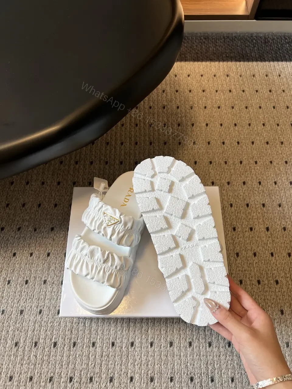 View 2 of White Leather Ruched Slide Sandals Prada Style Slide Sandals