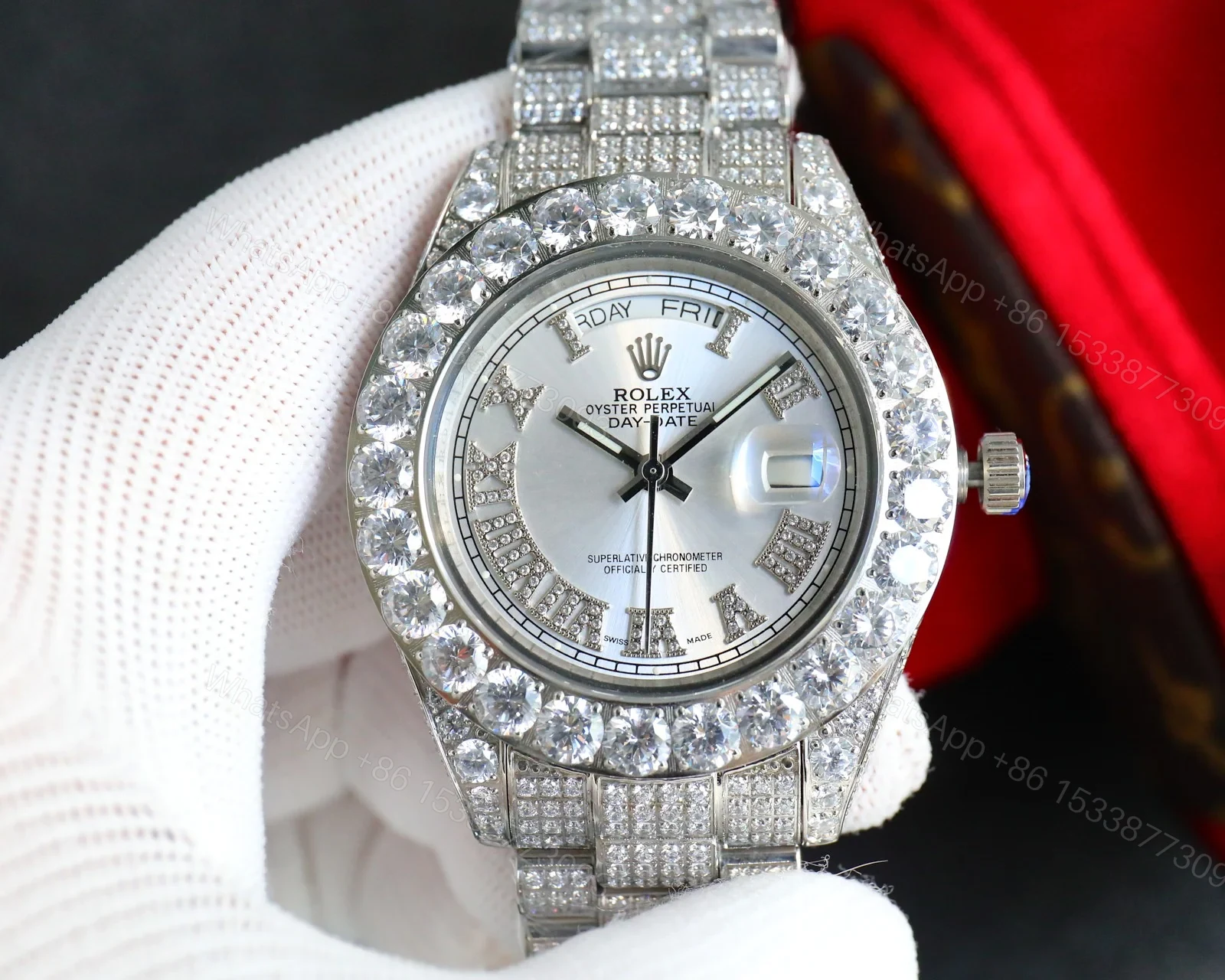 View 2 of Rolex Day-Date Red Diamond Replica 42MM Premium Iced Full Steel Bracelet Edition RG-ROLEX-DD-RED-DIA-ICED-STL-42