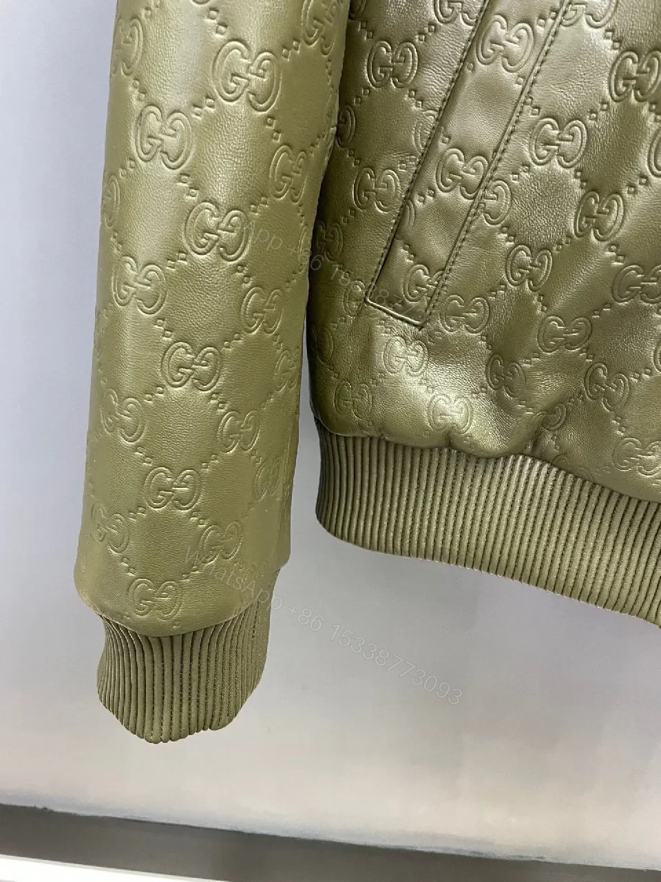 View 4 of Olive Quilted Jacket with Off-White Shearling Collar