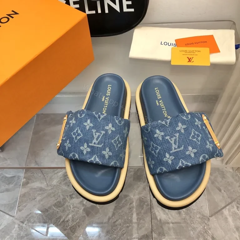 View 5 of Denim Monogram Slides: Luxe Comfort for Summer Style