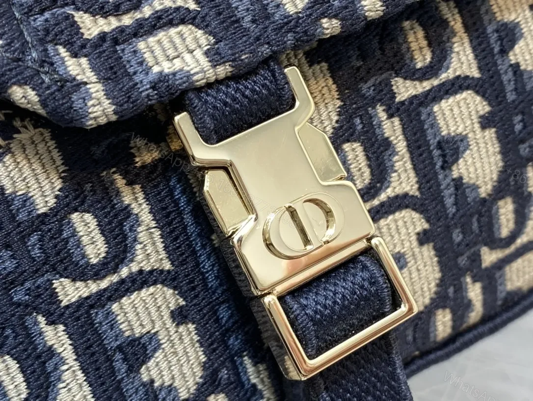 View 3 of Navy-cream Jacquard Messenger Bag with Gold Hardware