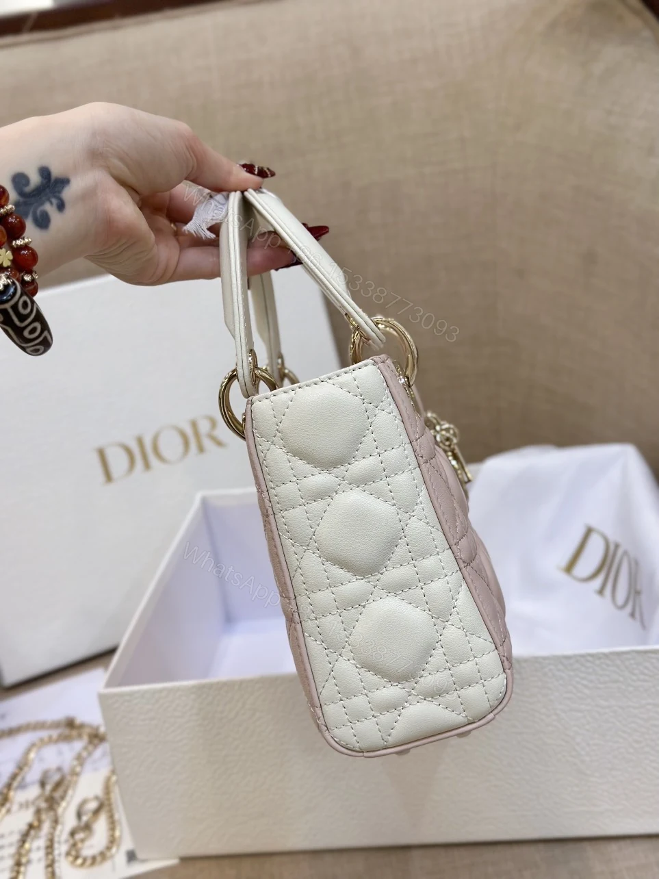 View 4 of Dior Lady Mini Handbag for Women Pink Cowhide Like Auth 18cm