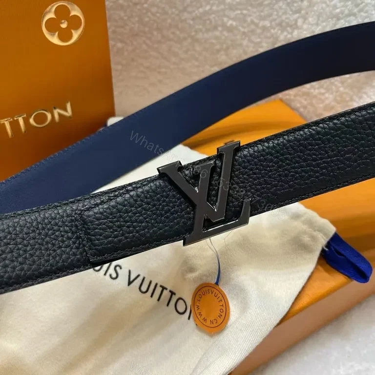 View 4 of Smart Black Leather Belt with LV-Style Buckle - Unisex Style Accessory