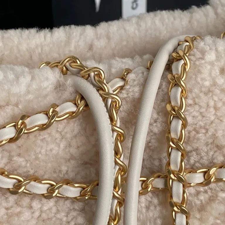 View 5 of Cream Sherpa Mini Bag with Gold Chain - Chanel-Inspired Luxe