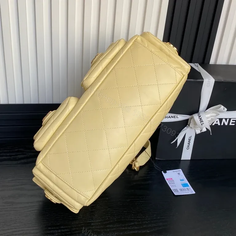 View 5 of Chic Quilted Weekender Bag in Soft Yellow with Gold Chain Handles