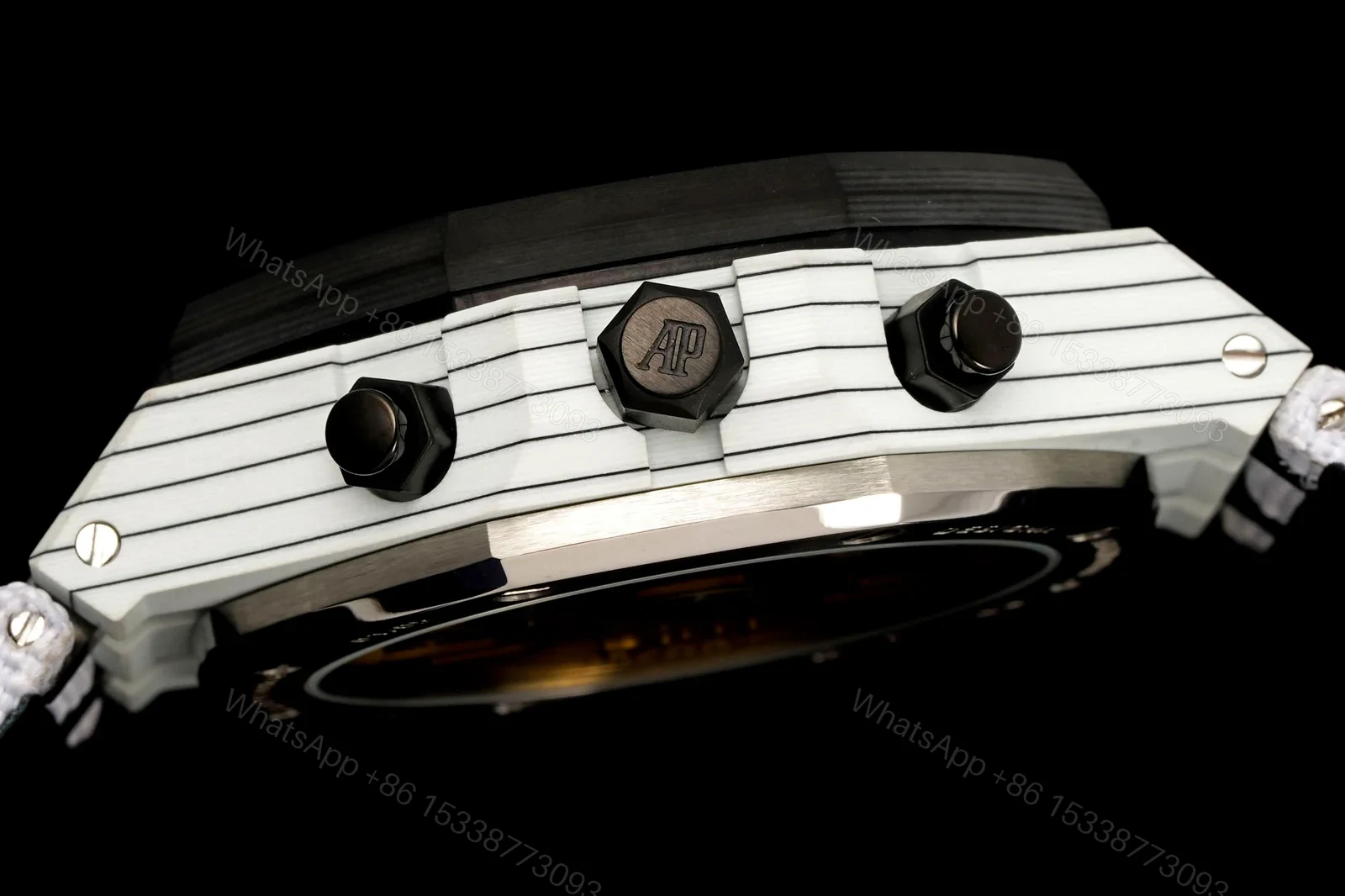 View 7 of Audemars Piguet Replica Royal Oak Chronograph 42MM Premium Carbon Bezel White Strap Edition AP-RO-CB-WHT-42