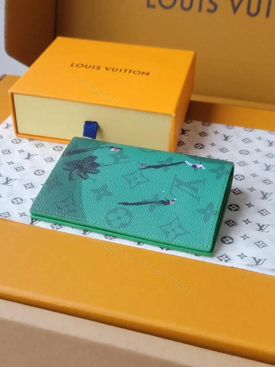 View 2 of Green Coated Canvas Card Holder with LV-Inspired Print