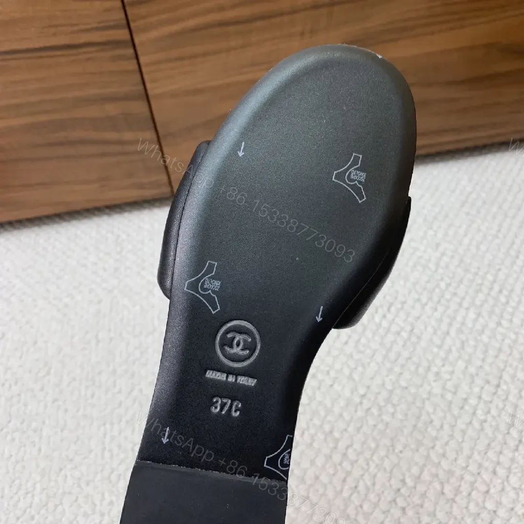 View 5 of Black Leather Slide Gold CHANEL Logo Modern Comfort Fit Sandals