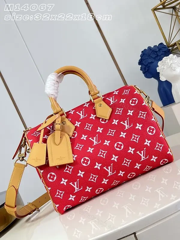 Red Monogram-Pattern Leather Tote Bag with Tan Accents and Top Handles — view 1