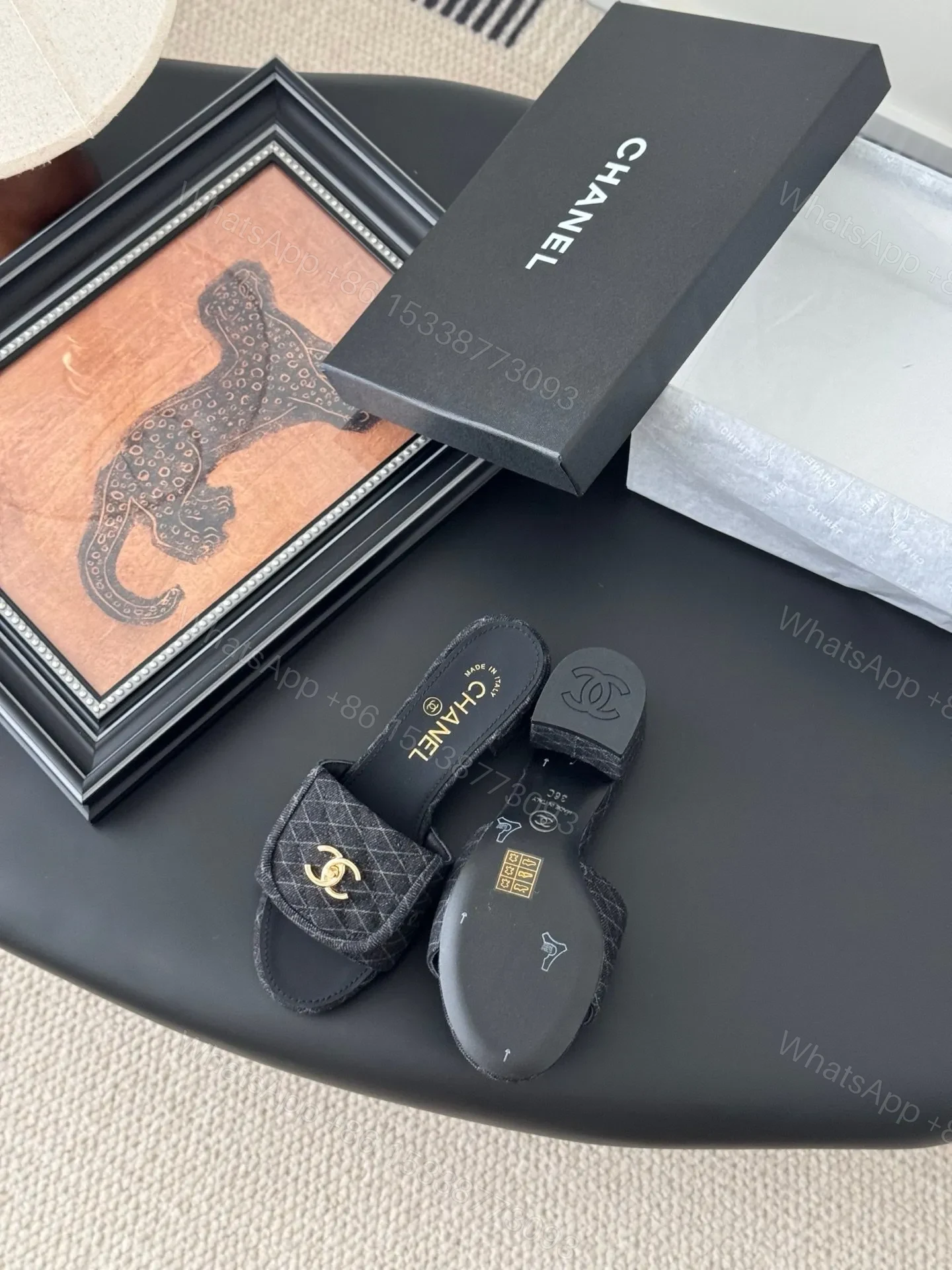 View 4 of Chanel Women Black Quilted Fabric Slides