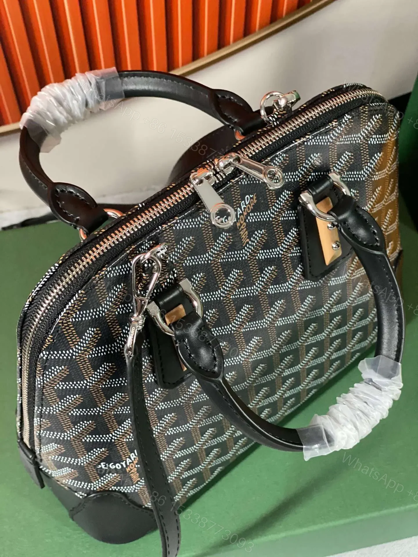 View 7 of Goyard Alma Vedome Black Replica Handbag With Fabric Wrapped Leather Strap 24cm