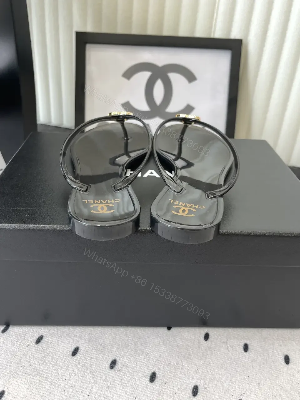 View 8 of Black Leather Plastic Sandals Classic Gold Chanel Logo Sandals