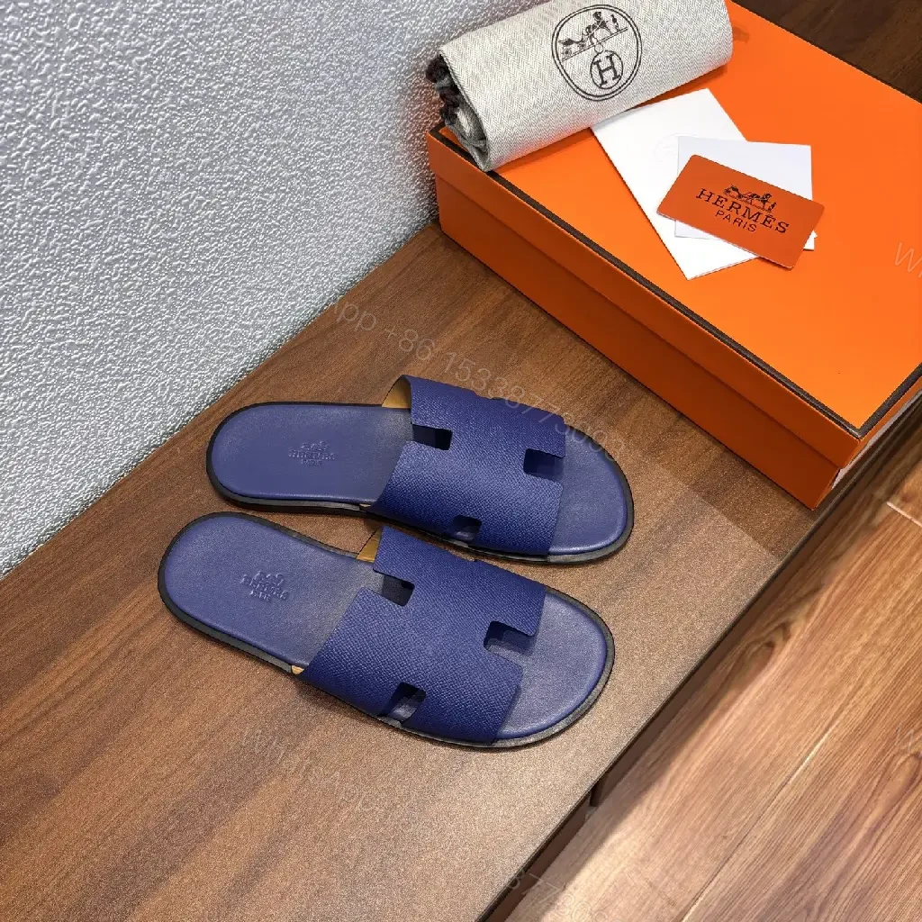 View 7 of Navy Leather Slide Sandals - Minimalist Comfort - Hermes Style (60 chars)