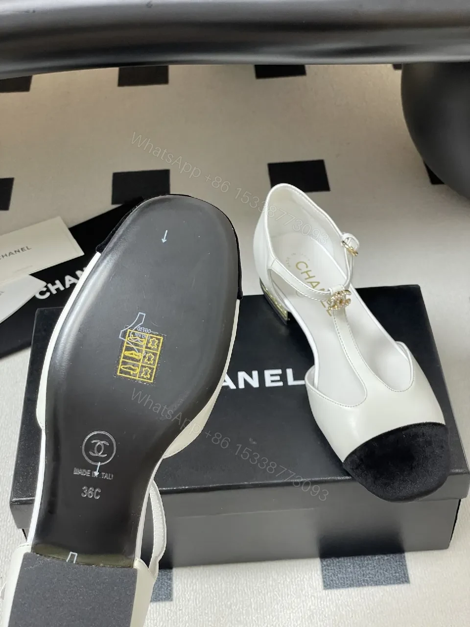 View 5 of White & Black T-Strap Pumps with Pearl Buckle – Luxe Two-Tone Heels