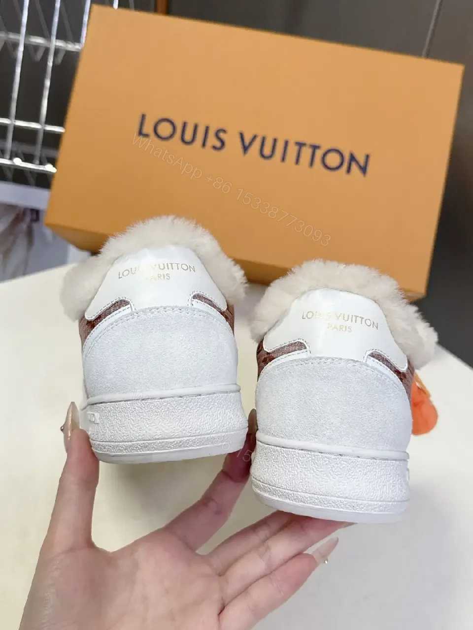 View 5 of White Leather + Shearling Mid-Top Sneakers + Luxe Monogram + All-Day Warmth + Sneakers