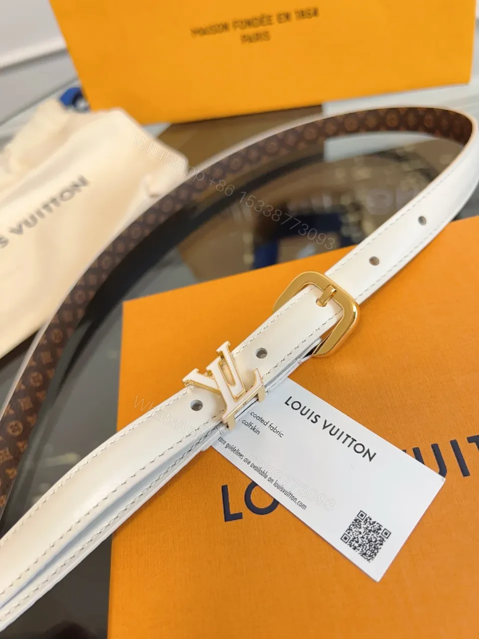 View 2 of Ivory Leather Belt with Gold Hardware – Classic Luxe Belt