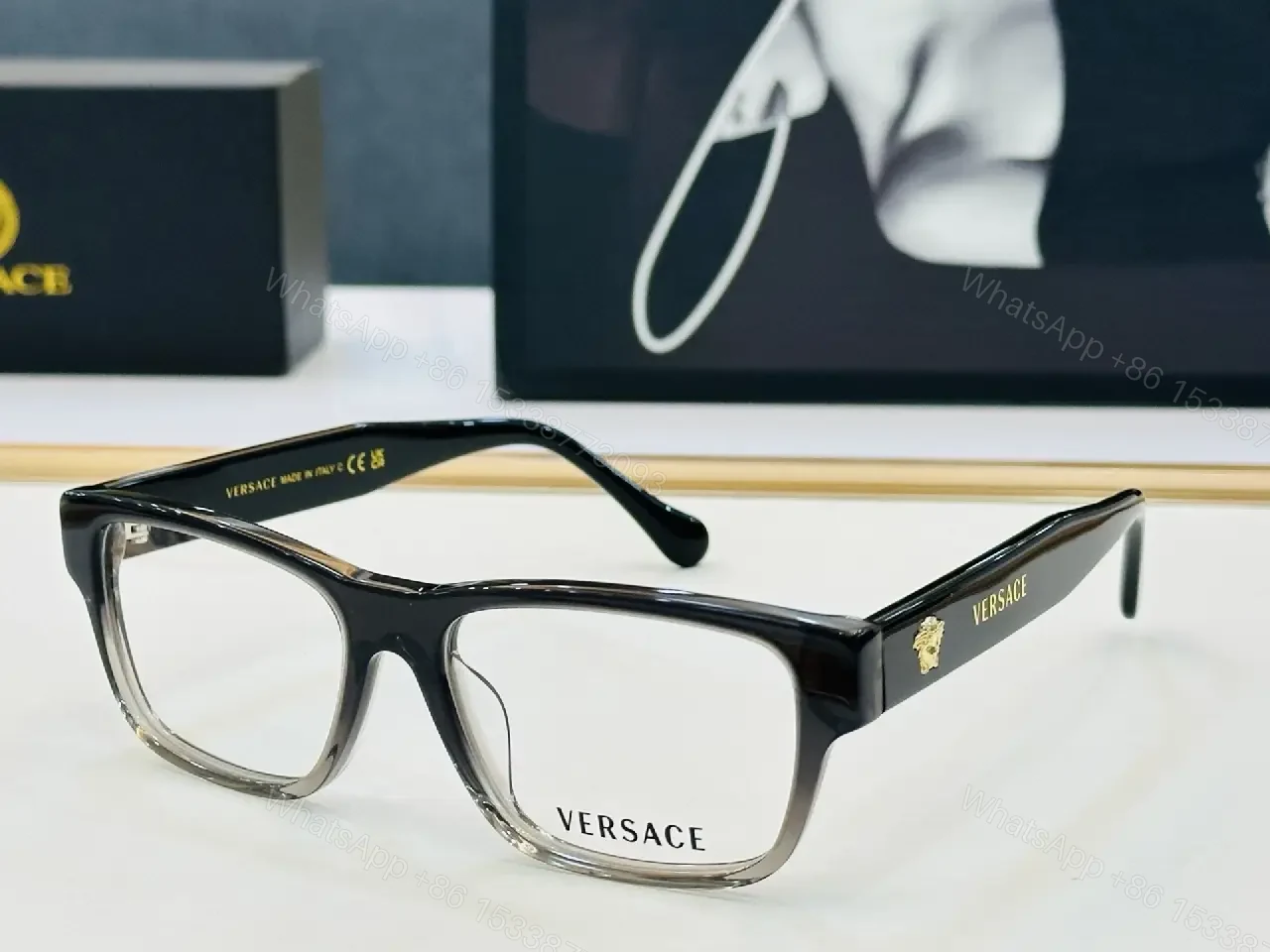 View 9 of Bold Black Acetate Square Glasses with Gold Logo Emblems